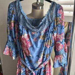 Blue Floral Bohemian Maxi Dress Size Large Off-shoulder | Champagne & Strawberry